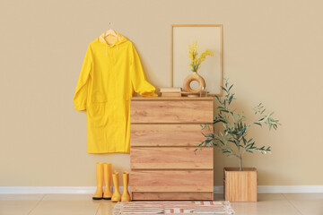 Interior of hallway with yellow raincoat, gumboots and commode