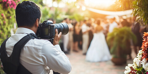 A wedding photographer captures a beautiful moment of the bride walking down the aisle,