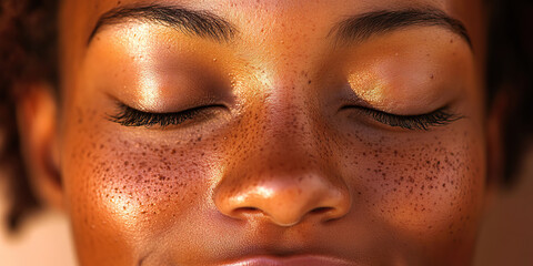 Serene Smile: A peaceful expression on a person's face, eyes slightly closed.