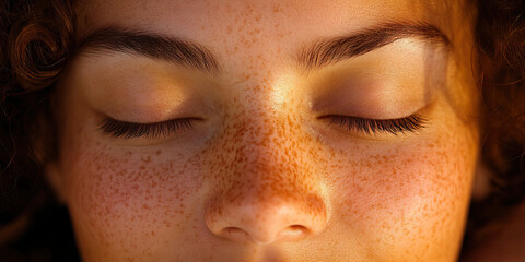 Fototapeta premium Serene Smile: A peaceful expression on a person's face, eyes slightly closed.