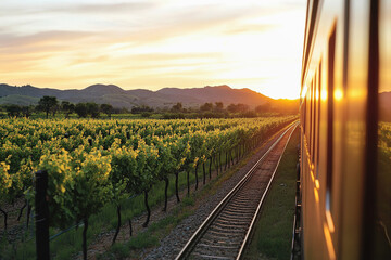 Scenic train ride through vineyards at sunset in a beautiful wine region