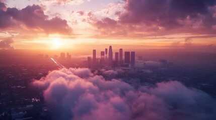 A high-speed time-lapse of clouds forming over a city skyline as the day transitions into night.