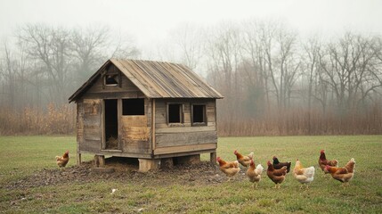 A homemade chicken coop built from reclaimed wood, standing in a rural field with chickens pecking the ground nearby. © phattharabodin