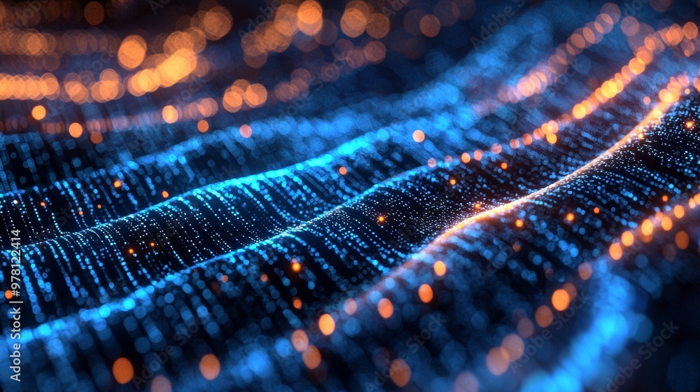 Poster abstract digital wave with glowing particles and bokeh