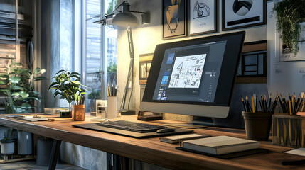 Modern Home Office Desk with Computer, Plants, and Artwork - 3D Illustration
