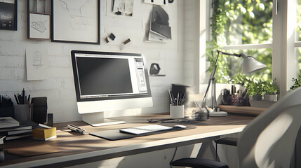Modern Home Office Workspace with Sunlight 3D Illustration