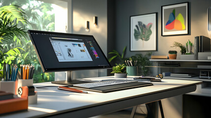 Modern Home Office Workspace with Computer and Plants - Realistic 3D Illustration