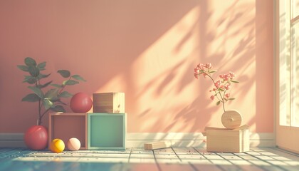 Pastel-themed room with soft light featuring minimalistic decoration and playful elements.