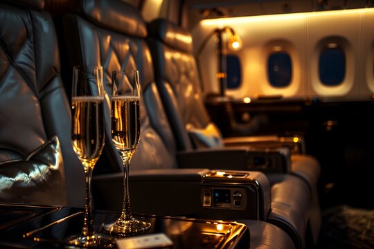 Exquisite First-Class Airplane Cabin with Plush Leather Seats, Champagne Flutes, and Soft Mood Lighting
