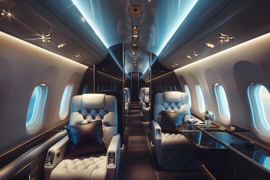 Exquisite First-Class Airplane Cabin with Plush Leather Seats, Champagne Flutes, and Soft Mood Lighting