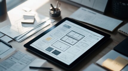 A minimalist poster design in progress on a digital tablet, surrounded by sketch notes and mood boards.