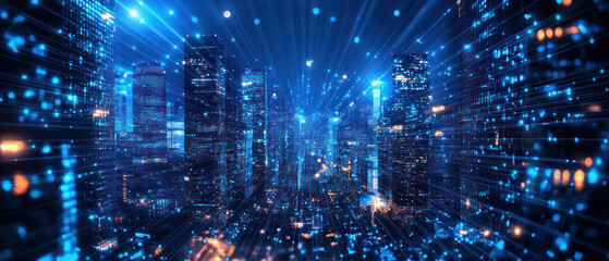 Obraz premium Futuristic city at night with vibrant blue lights and dynamic energy.