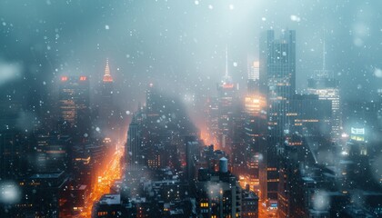 Obraz premium Snow-covered urban city during snowfall