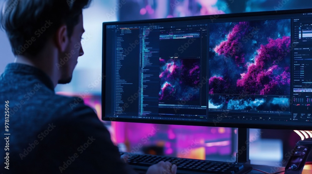 Poster a motion graphics artist editing a 3d animation scene, with keyframes and rendering options visible 