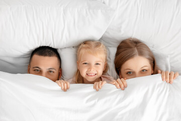 Parents with their little daughter lying under blanket on bed, top view