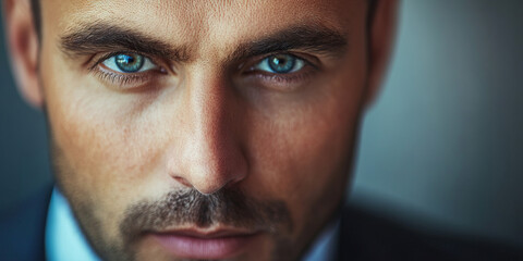 Obraz premium Focused Professional: A clean-cut businessman's face, sharply lit and seriously concentrated.