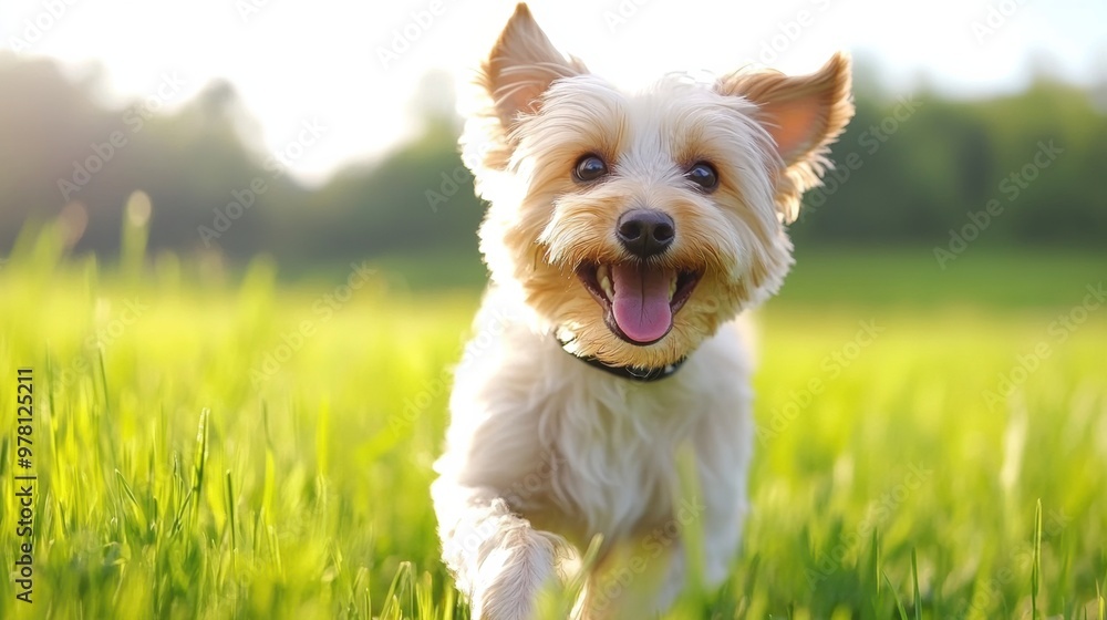 Poster A small dog running through a field of grass with its tongue out, AI