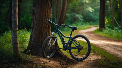 Fototapeta premium Bicycle leaning against a tree with a dirt trail winding into the forest