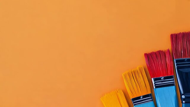 A vibrant array of paintbrushes on a warm orange background showcases various sizes with colorful bristles in red, yellow, and blue, embodying artistic inspiration.