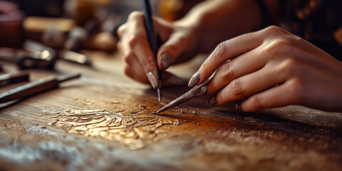 Hardworking Artisan: A woman's hand carefully crafting something intricate with a set of tools on a wood surface.