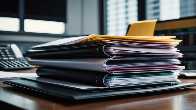 Business folders stacked on a sleek desk with a computer displaying financial data
