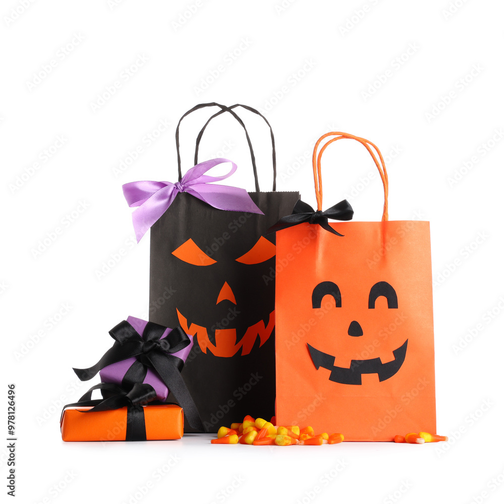 Canvas Prints Shopping bags with tasty candies and Halloween gift boxes isolated on white background