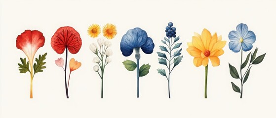 A vibrant collection of hand-drawn flowers in various colors, perfect for decoration, design, or botanical inspiration.
