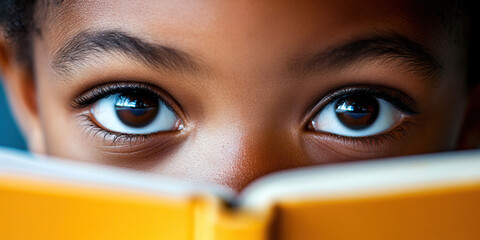 Eager Learner: A young student's face, filled with curiosity and determination, peeking over a textbook.