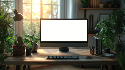 Fototapeta premium A modern workspace featuring large white screen monitor on wooden standing desk surrounded by lush green plants, creating serene and productive atmosphere.