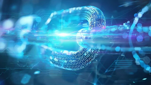 A striking digital illustration features a stylized chain link amid binary code and futuristic elements, symbolizing security and blockchain technology.
