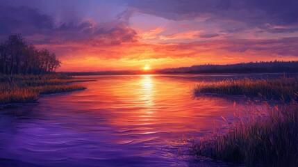 Fototapeta premium A peaceful river at sunset, with the water glowing orange and purple as the sun dips below the horizon.