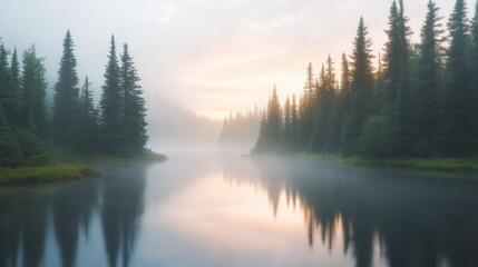 Obraz premium A peaceful river flowing through a misty forest at dawn, with tall trees reflected in the calm water.