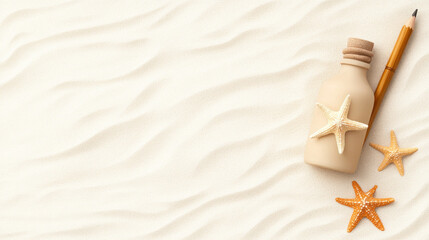 A serene scene featuring message in bottle, starfish, and pencil on sandy beach.