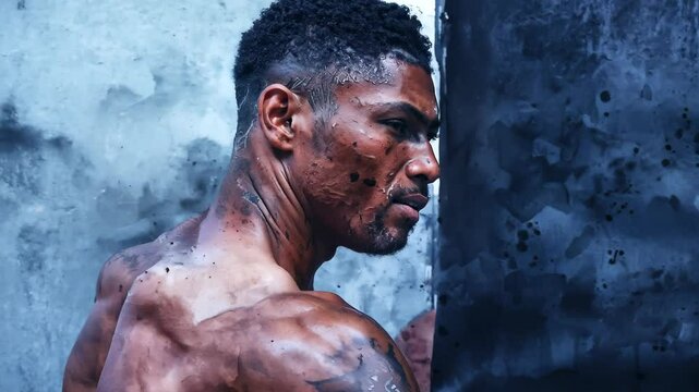 a muscular man in profile against an abstract gray and blue backdrop. His glistening skin and tattoos convey strength and vitality, embodying urban grit and fitness.