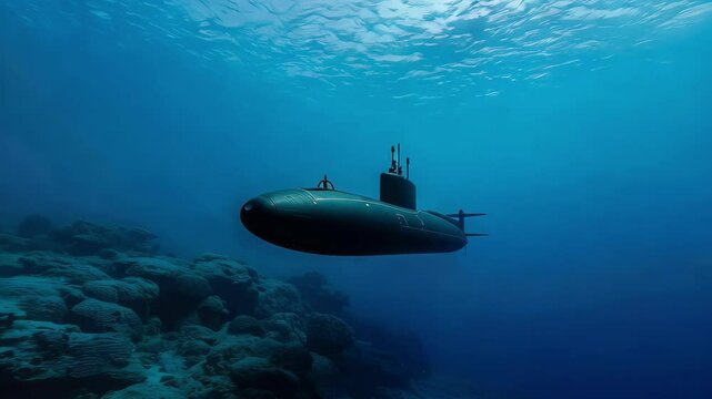 A sleek submarine navigates the tranquil blue depths, surrounded by vibrant coral formations. Sunlight dances on the sea floor, evoking exploration and marine technology.