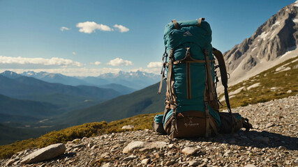 Hiking poles and a backpack resting on a trail with distant mountains
