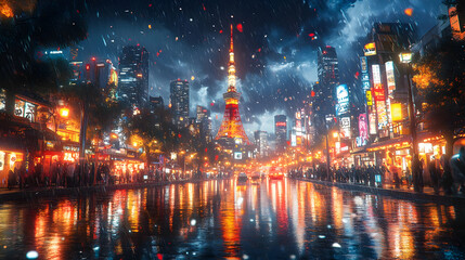 Rainy Night in a City with Tower Illustration