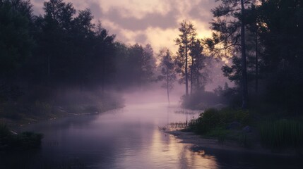 A quiet river running through a foggy forest at dawn, with the mist hanging low over the water and trees.