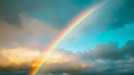 Fototapeta premium A rainbow arching through a mix of rain clouds and blue sky after a light rain shower in the countryside.