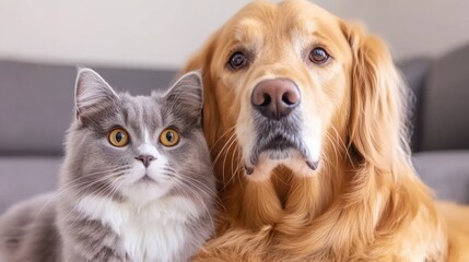 A cat and dog sitting next to each other on a couch, AI
