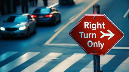 A "Right Turn Only" sign at an intersection with arrows and cars turning right.