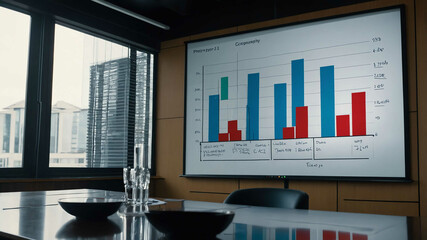 Projector showing a bar chart on a whiteboard in a corporate meeting room