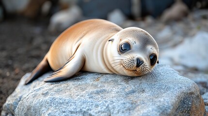 A cute, young seal resting on a smooth rock, showcasing its soft fur and wide, innocent eyes.
