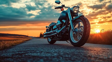 Obraz premium A motorcycle parked on the side of an empty road with a beautiful sunset sky in the background.