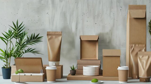 A visually striking display of eco-friendly packaging materials against a textured wall, featuring kraft paper boxes and green plants, perfect for sustainability-themed marketing.