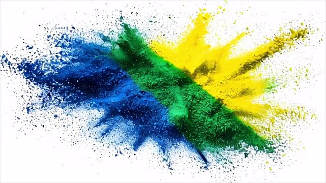 Colorful powder particles explosion in brazilian flag colors isolated on white background. Bright blue, yellow, green color burst