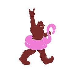 Vector Silhouette of Bigfoot with Flamingo Pool Float and Sunglasses