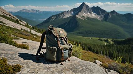Backpack resting on a rocky trail with mountain peaks in the background