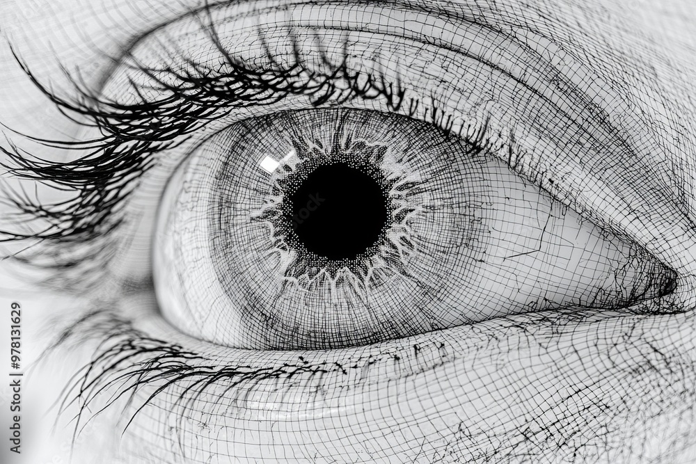 Poster black and white close up of a human eye emphasizing the intricate details of the iris and symbolizin