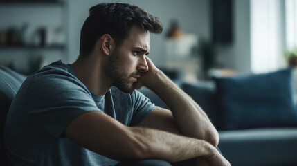 A man, deep in thought, sits pensively in a dimly lit room, capturing a moment of solitude and introspection.